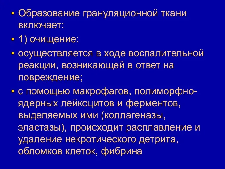 Образование грануляционной ткани включает: 1) очищение: осуществляется в ходе воспалительной