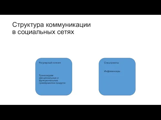 Структура коммуникации в социальных сетях Спецпроекты Инфлюенсеры Регулярный контент Транслируем эмоциональные и функциональные преимущества продукта