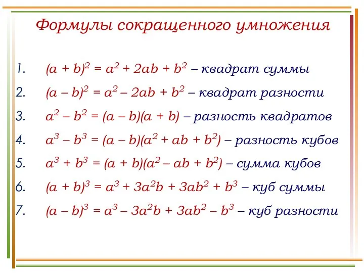 Формулы сокращенного умножения (a + b)2 = a2 + 2ab