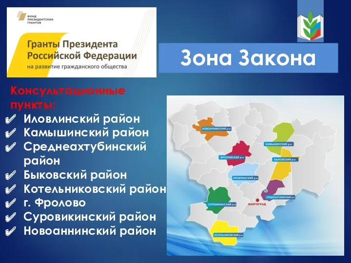 Зона Закона Консультационные пункты: Иловлинский район Камышинский район Среднеахтубинский район