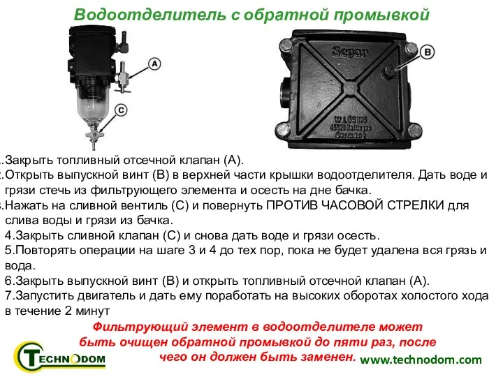 www.technodom.com Водоотделитель с обратной промывкой Закрыть топливный отсечной клапан (A).