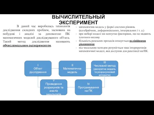 ВЫЧИСЛИТЕЛЬНЫЙ ЭКСПЕРИМЕНТ В даний час виробилась технологія дослідження складних проблем,