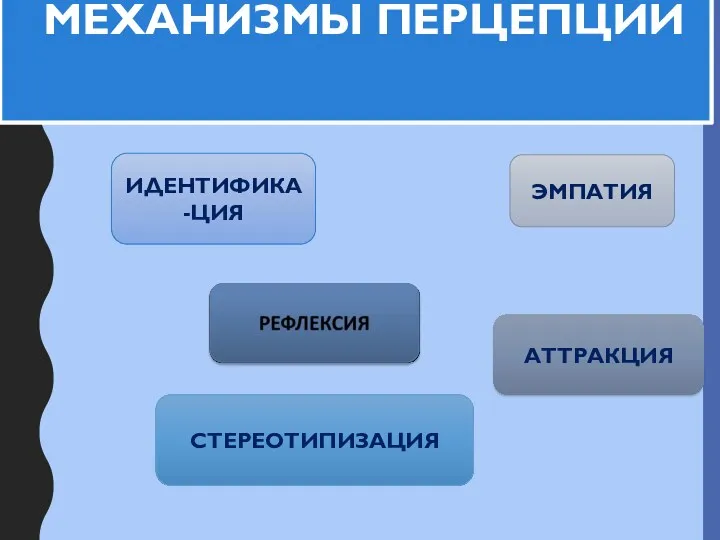 МЕХАНИЗМЫ ПЕРЦЕПЦИИ ИДЕНТИФИКА-ЦИЯ АТТРАКЦИЯ ЭМПАТИЯ СТЕРЕОТИПИЗАЦИЯ