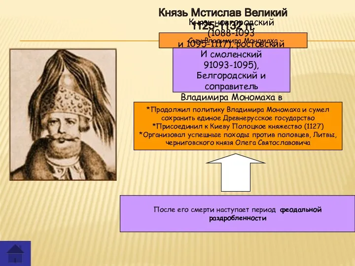 Князь Мстислав Великий 1125-1132 гг. Сын Владимира Мономаха Князь новгородский (1088-1093 и 1095-1117),