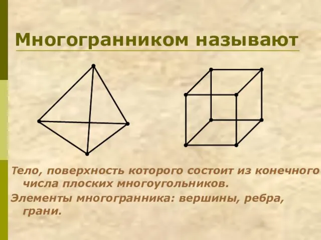 Многогранником называют Тело, поверхность которого состоит из конечного числа плоских многоугольников. Элементы многогранника: вершины, ребра, грани.