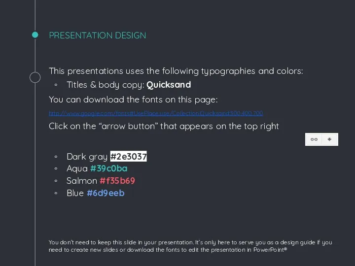 This presentations uses the following typographies and colors: Titles &