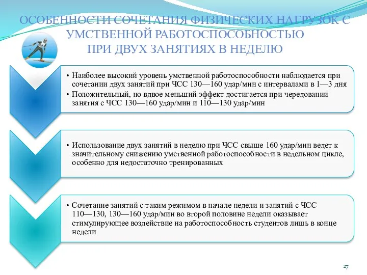 ОСОБЕННОСТИ СОЧЕТАНИЯ ФИЗИЧЕСКИХ НАГРУЗОК С УМСТВЕННОЙ РАБОТОСПОСОБНОСТЬЮ ПРИ ДВУХ ЗАНЯТИЯХ В НЕДЕЛЮ