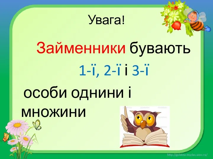 Увага! Займенники бувають 1-ї, 2-ї і 3-ї особи однини і множини