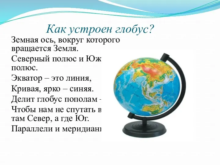 Как устроен глобус? Земная ось, вокруг которого вращается Земля. Северный