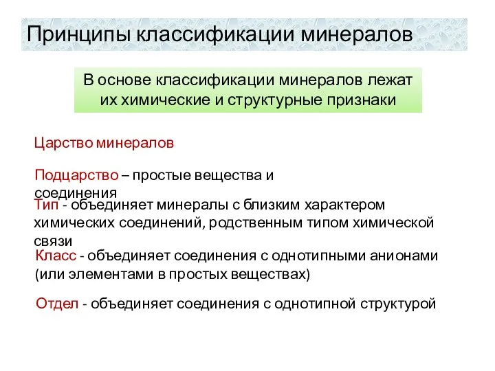 Принципы классификации минералов В основе классификации минералов лежат их химические