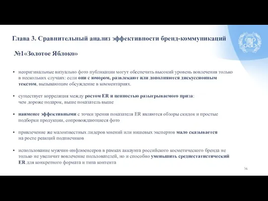 Глава 3. Сравнительный анализ эффективности бренд-коммуникаций №1«Золотое Яблоко» неоригинальные визуально фото публикации могут