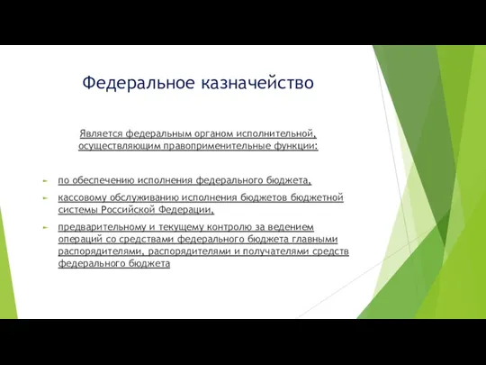 Федеральное казначейство Является федеральным органом исполнительной, осуществляющим правоприменительные функции: по обеспечению исполнения федерального