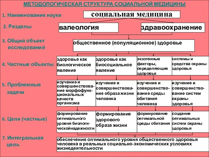 МЕТОДОЛОГИЧЕСКАЯ СТРУКТУРА СОЦИАЛЬНОЙ МЕДИЦИНЫ 1. Наименование науки 2. Разделы 3. Общий объект исследований