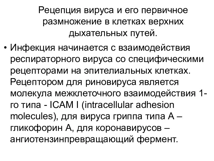 Рецепция вируса и его первичное размножение в клетках верхних дыхательных