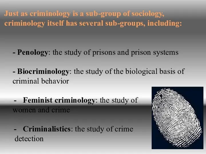 Just as criminology is a sub-group of sociology, criminology itself