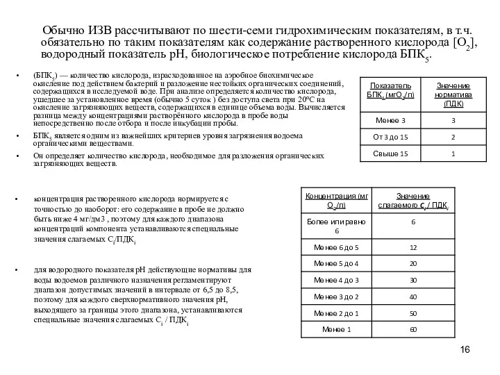 Обычно ИЗВ рассчитывают по шести-семи гидрохимическим показателям, в т.ч. обязательно