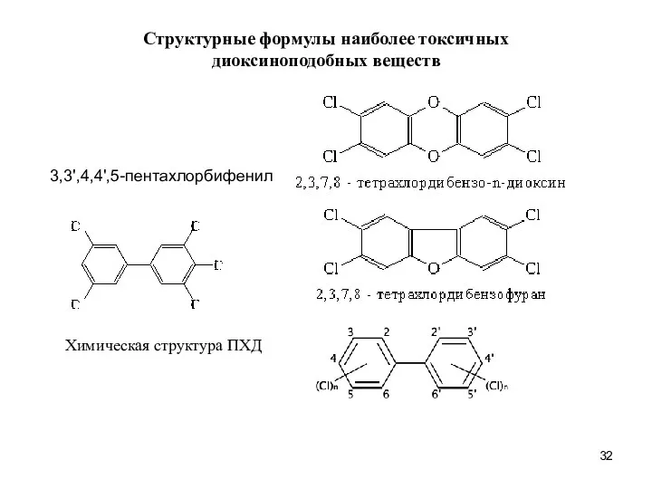 3,3',4,4',5-пентахлорбифенил Структурные формулы наиболее токсичных диоксиноподобных веществ Химическая структура ПХД