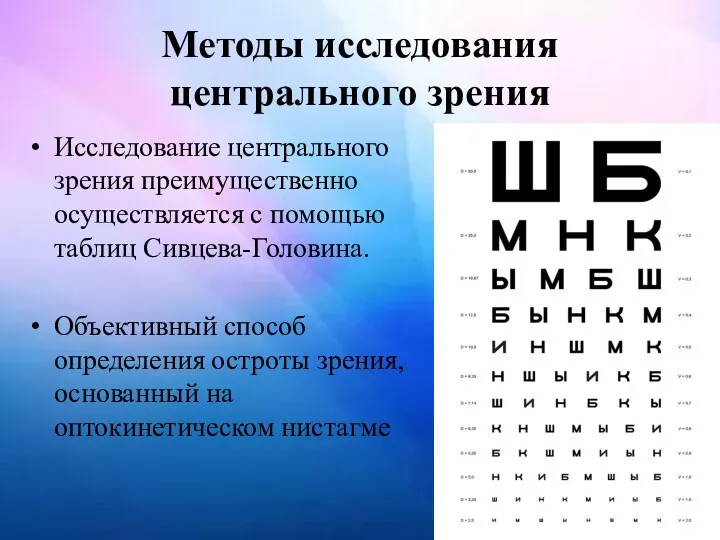 Методы исследования центрального зрения Исследование центрального зрения преимущественно осуществляется с