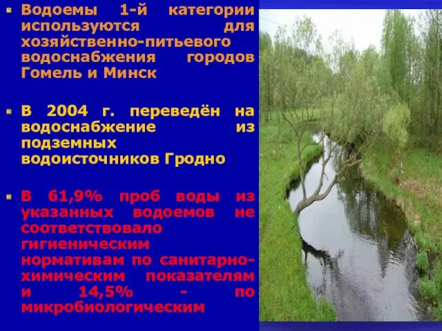 Водоемы 1-й категории используются для хозяйственно-питьевого водоснабжения городов Гомель и