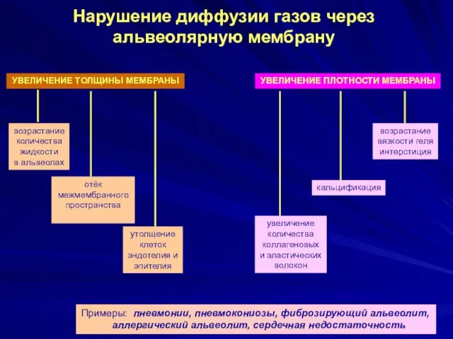 Нарушение диффузии газов через альвеолярную мембрану Примеры: пневмонии, пневмокониозы, фиброзирующий альвеолит, аллергический альвеолит, сердечная недостаточность