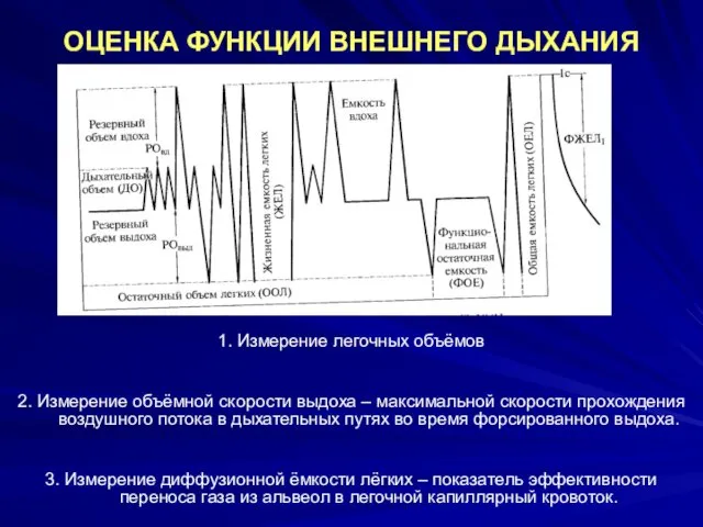 ОЦЕНКА ФУНКЦИИ ВНЕШНЕГО ДЫХАНИЯ 1. Измерение легочных объёмов 2. Измерение объёмной скорости выдоха