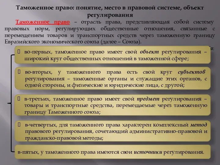 Таможенное право: понятие, место в правовой системе, объект регулирования Таможенное