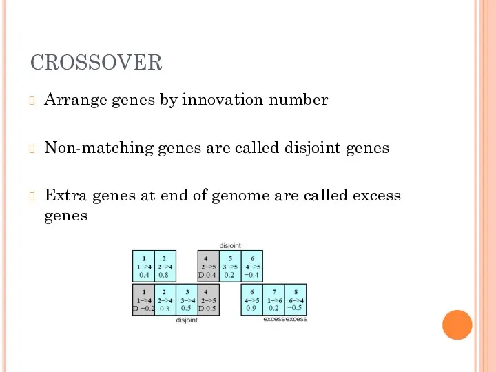 CROSSOVER Arrange genes by innovation number Non-matching genes are called disjoint genes Extra