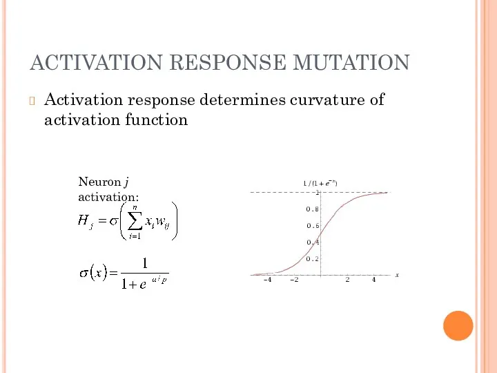 ACTIVATION RESPONSE MUTATION Activation response determines curvature of activation function Neuron j activation: