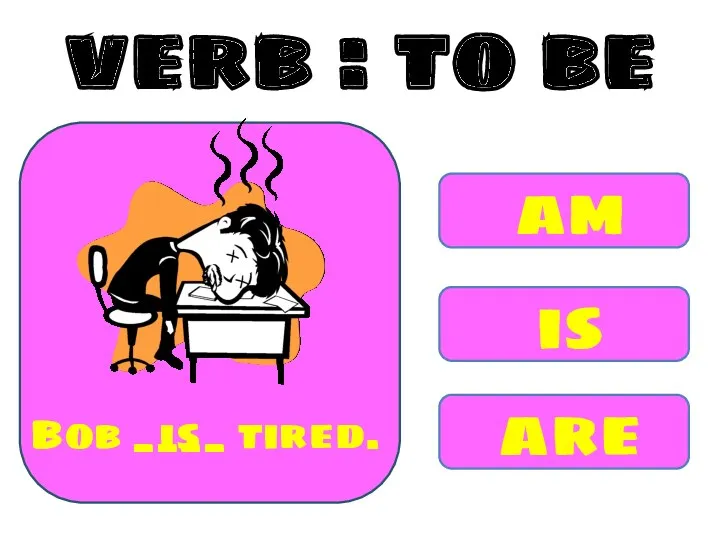 am is are Bob ____ tired. is verb : to be