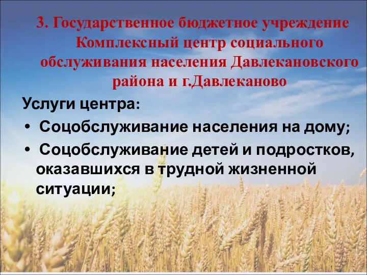 3. Государственное бюджетное учреждение Комплексный центр социального обслуживания населения Давлекановского