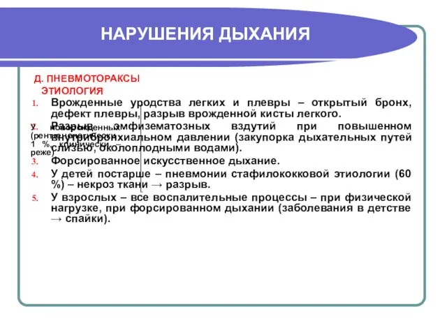 Д. ПНЕВМОТОРАКСЫ Врожденные уродства легких и плевры – открытый бронх,