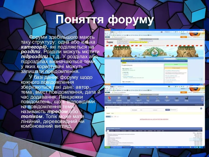 Форуми здебільшого мають таку структуру: одна або кілька категорій, які поділяються на розділи.