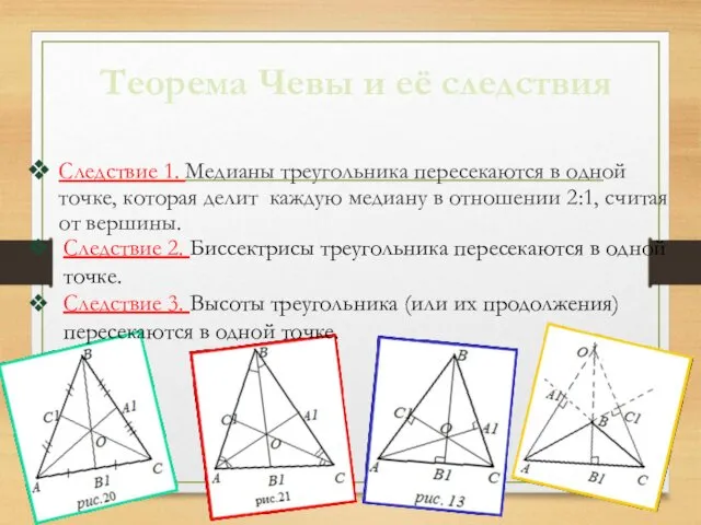 Теорема Чевы и её следствия Следствие 1. Медианы треугольника пересекаются