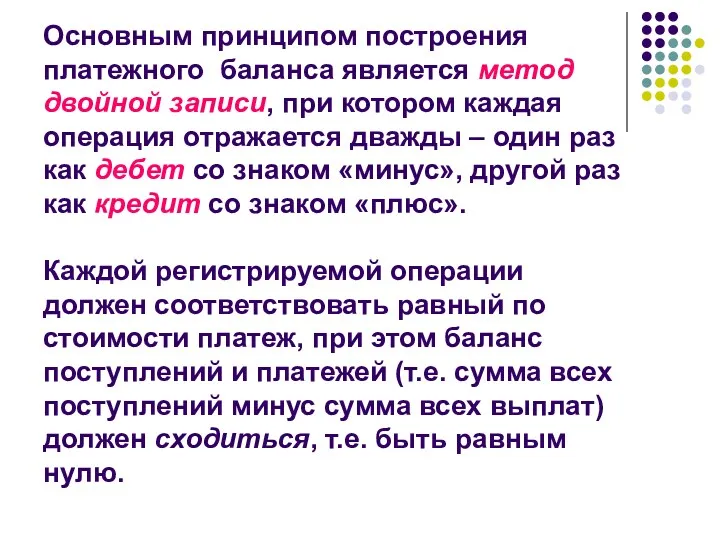 Основным принципом построения платежного баланса является метод двойной записи, при