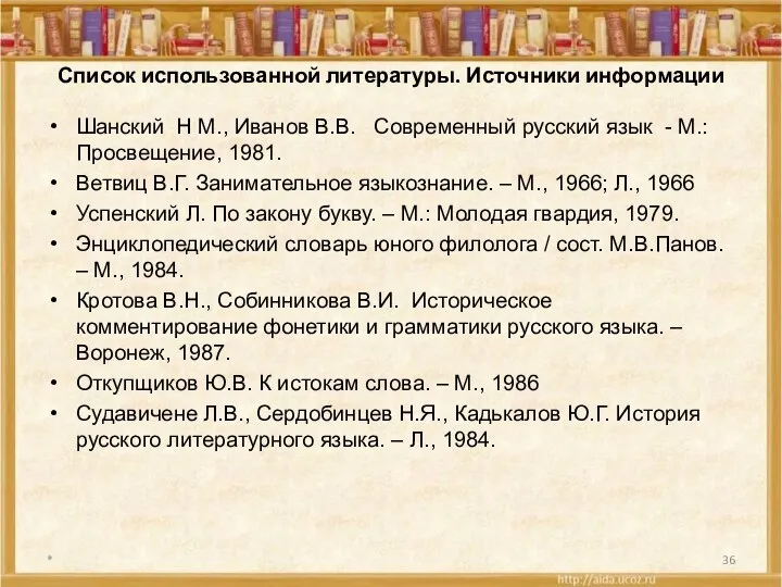 Список использованной литературы. Источники информации Шанский Н М., Иванов В.В.