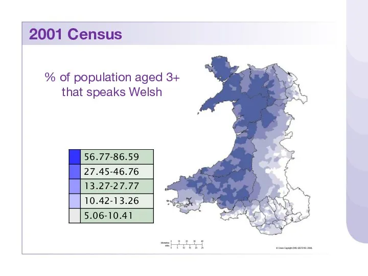 % of population aged 3+ that speaks Welsh 2001 Census