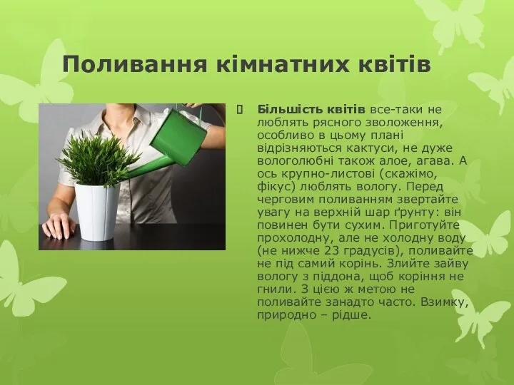 Поливання кімнатних квітів Більшість квітів все-таки не люблять рясного зволоження,