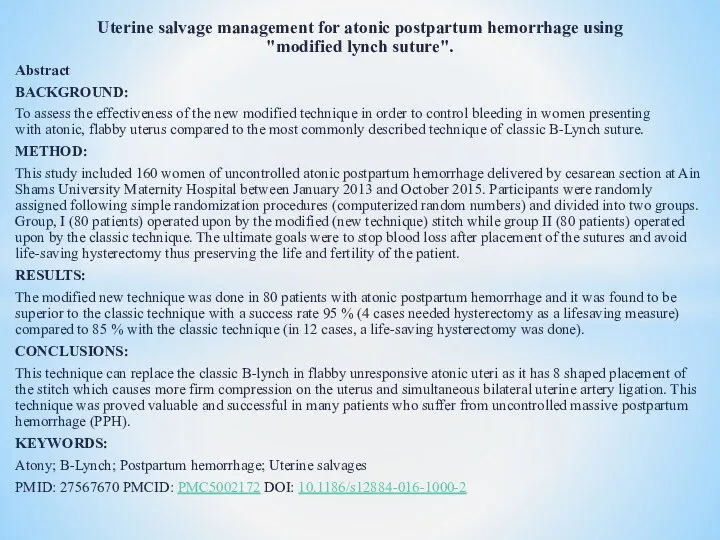 Uterine salvage management for atonic postpartum hemorrhage using "modified lynch