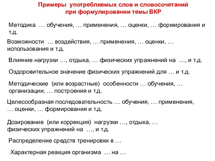 Примеры употребляемых слов и словосочетаний при формулировании темы ВКР Методика