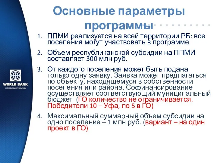 Основные параметры программы ППМИ реализуется на всей территории РБ: все