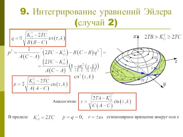 9. Интегрирование уравнений Эйлера (случай 2) В пределе стационарное вращение вокруг оси z Аналогично