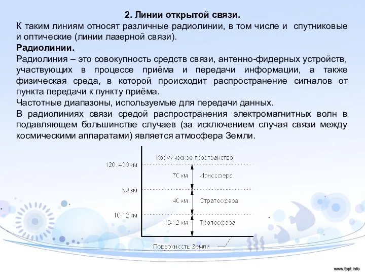 2. Линии открытой связи. К таким линиям относят различные радиолинии,