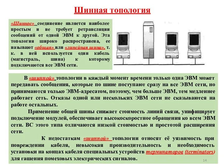 Шинная топология 11.09.2016 «Шинное» соединение является наиболее простым и не