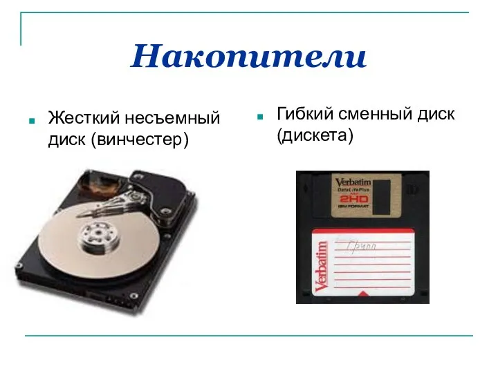 Накопители Жесткий несъемный диск (винчестер) Гибкий сменный диск (дискета)