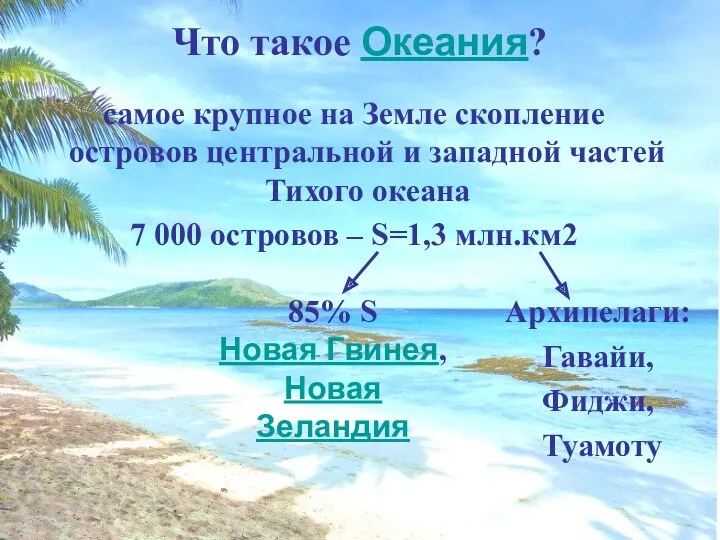 Что такое Океания? самое крупное на Земле скопление островов центральной