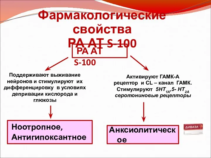 Фармакологические свойства РА АТ S-100 Ноотропное, Антигипоксантное Поддерживают выживание нейронов