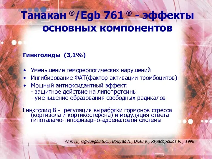 Гинкголиды (3,1%) Уменьшение гемореологических нарушений Ингибирование ФАТ(фактор активации тромбоцитов) Мощный