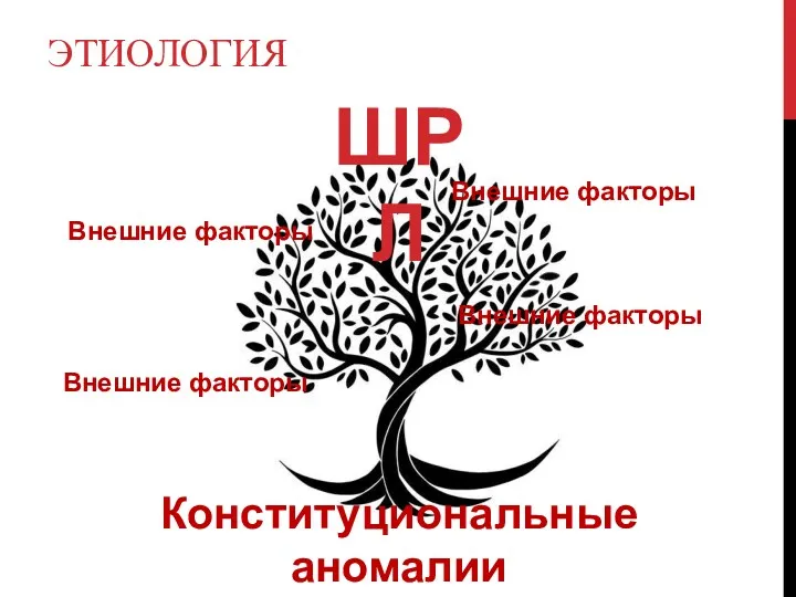 ЭТИОЛОГИЯ Конституциональные аномалии Внешние факторы ШРЛ Внешние факторы Внешние факторы Внешние факторы