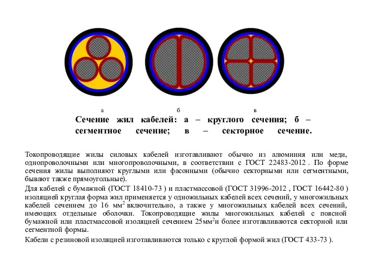 Сечение жил кабелей: а – круглого сечения; б – сегментное