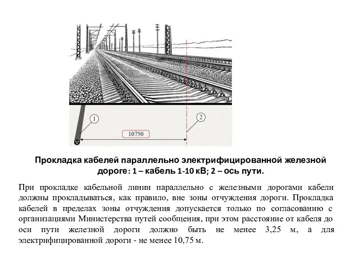 Прокладка кабелей параллельно электрифицированной железной дороге: 1 – кабель 1-10
